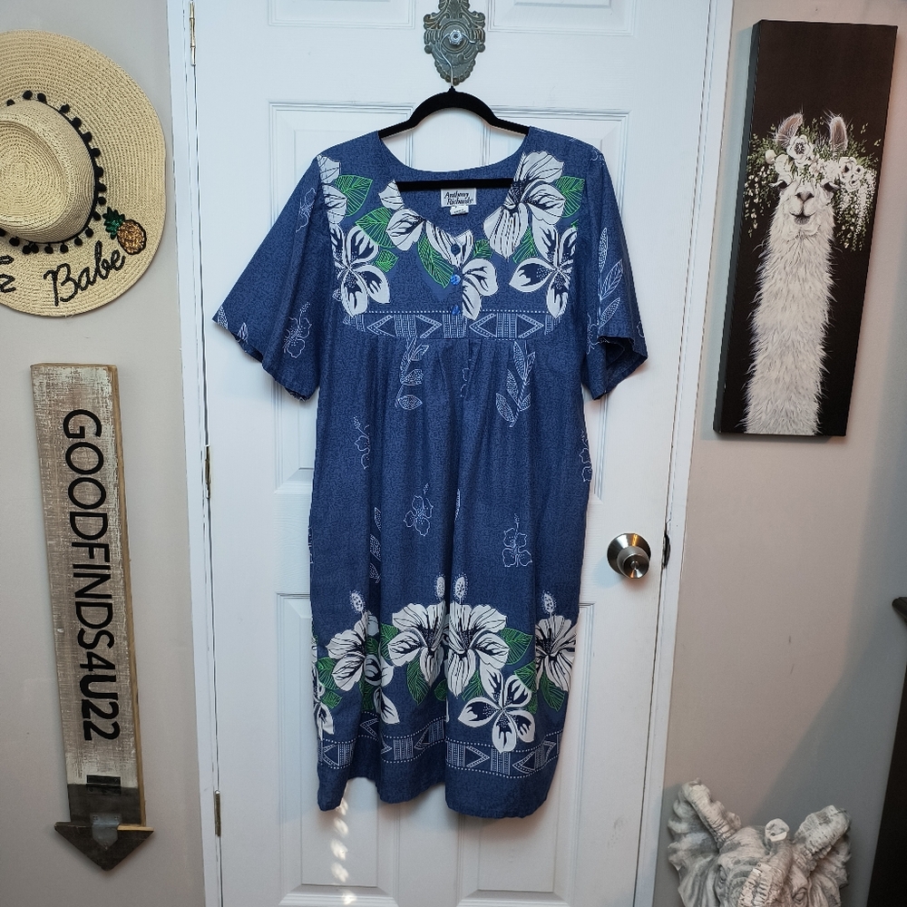 Anthony Richards Womens Dress XL Muu Muu Kaftan Blue Floral Pockets Loungewear
